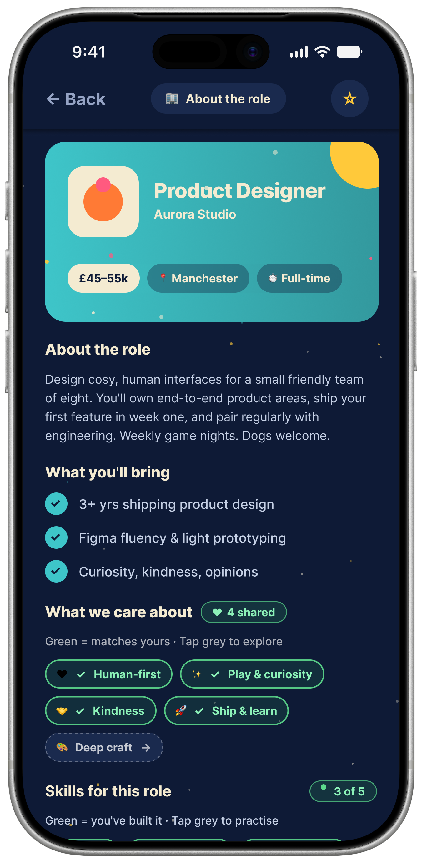 Job detail screen showing required skills for a Product Designer role, which skills the user has already built, and links to play games that build the missing ones